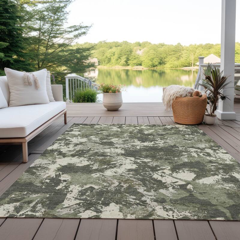 Machine Washable Indoor/ Outdoor Chantille Abstract Contemporary Rug - Olive - 9' x 12'