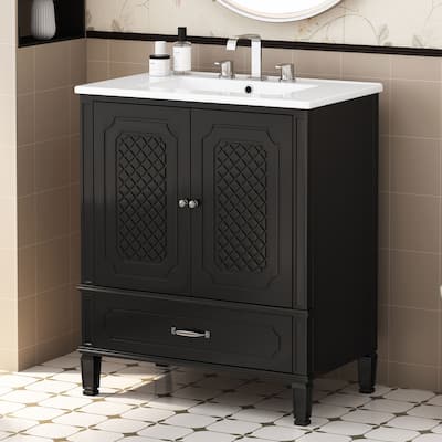 30" Bathroom Vanity with Sink Vintage Style, Multi-functional Storage Space, Door Shelf, Soft-closing Door, Black
