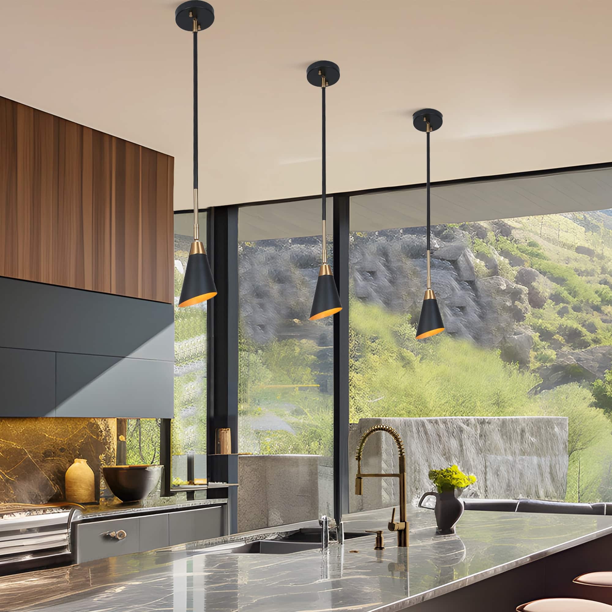 Modern Farmhouse Black Gold 1-Light Kitchen Island Pendant Light with ...