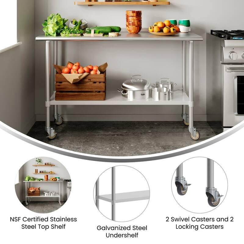 Commercial Stainless Steel 18 Gauge Worktable with Undershelf and Casters