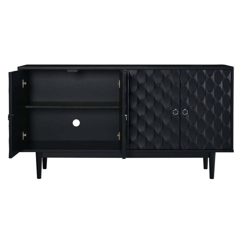 60" Modern 4-Door with Convex Pattern Doors and Silver Handles Buffet/Sideboard