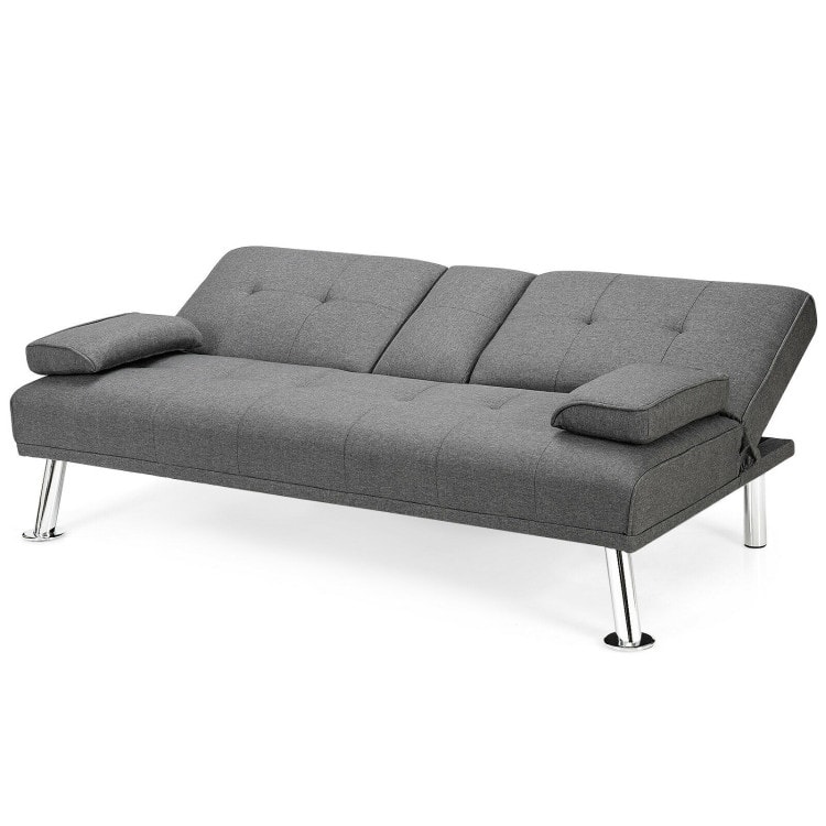Convertible Folding Futon Sofa Bed Fabric with 2 Cup Holders - 66" x 31.5" x 29.5"