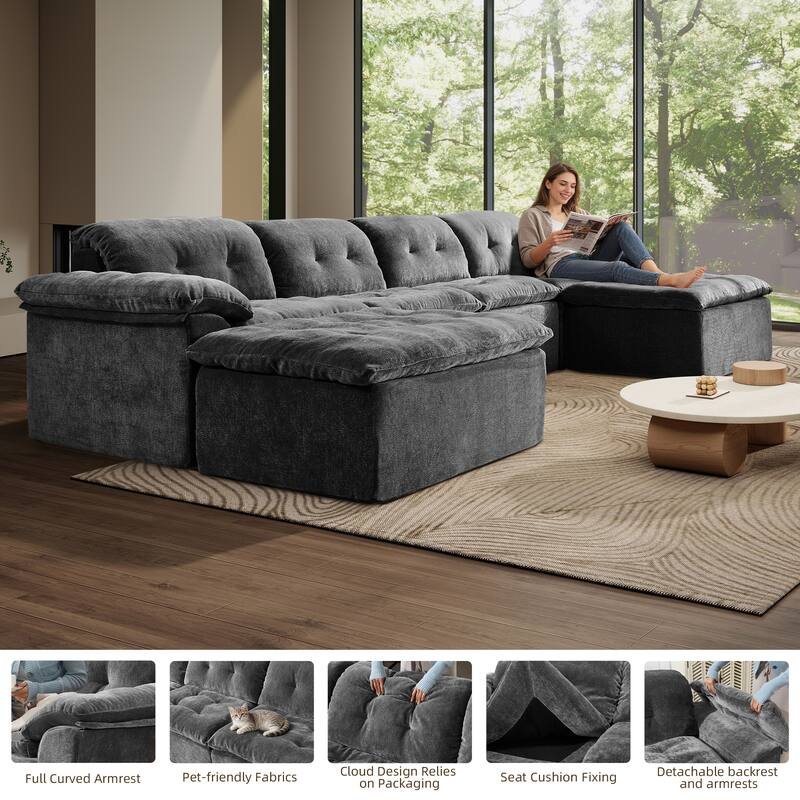 Rossetta 4-Seater Chenille Upholstery Modular Convertible Design Generous Seating Cushioned Sofa with 2 Versatile Ottomans