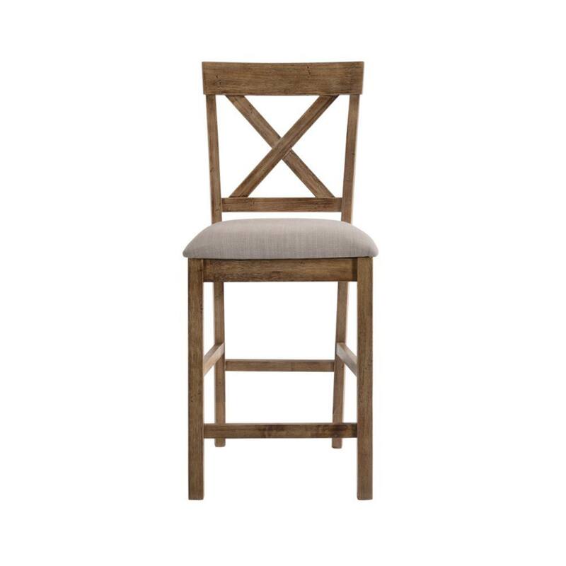 Set of 2 Linen Upholstered Counter Height Chairs, Tan and Weathered Oak