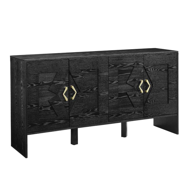 60" Vintage Fluted TV Console with Adjustable Shelving & 2 Socket Hole, Storage Cabinet with Geometric Pattern, TV Media Console