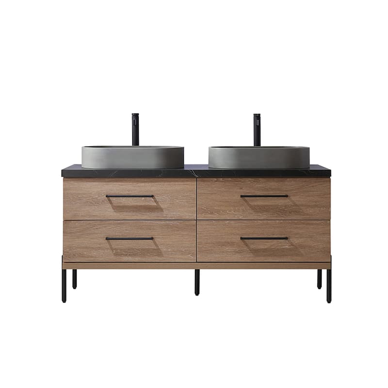 Trento Bath Vanity with Sintered Stone Top with Concrete Sink (O) - 60 in. - North American Oak-No Mirror