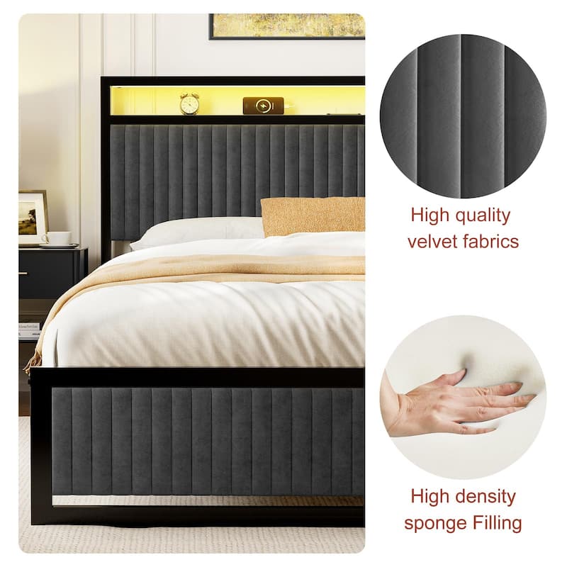 Hausource Full Size Upholstered Bed Frame with LED Headboard, 2 Drawers, Charging Station, Beige