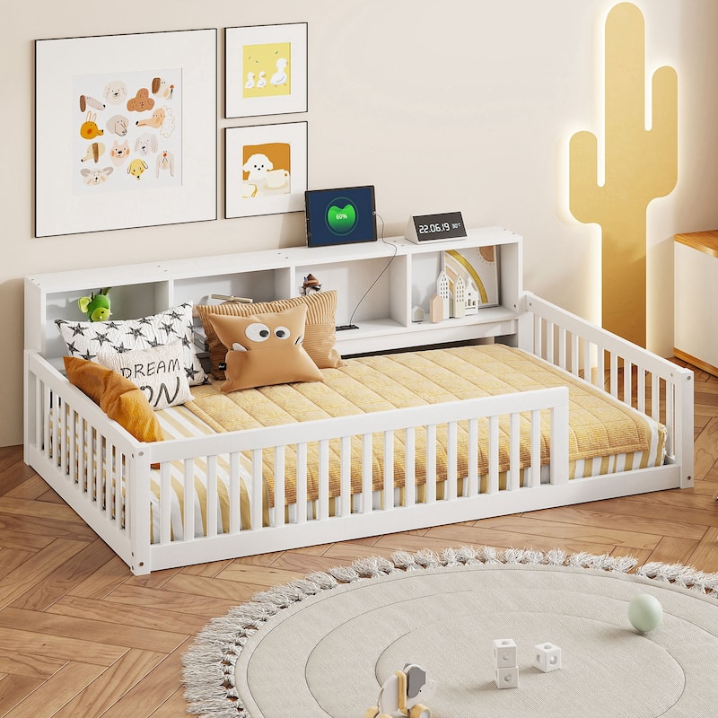 Wood Twin XL Size Floor Bed with Storage and USB Ports