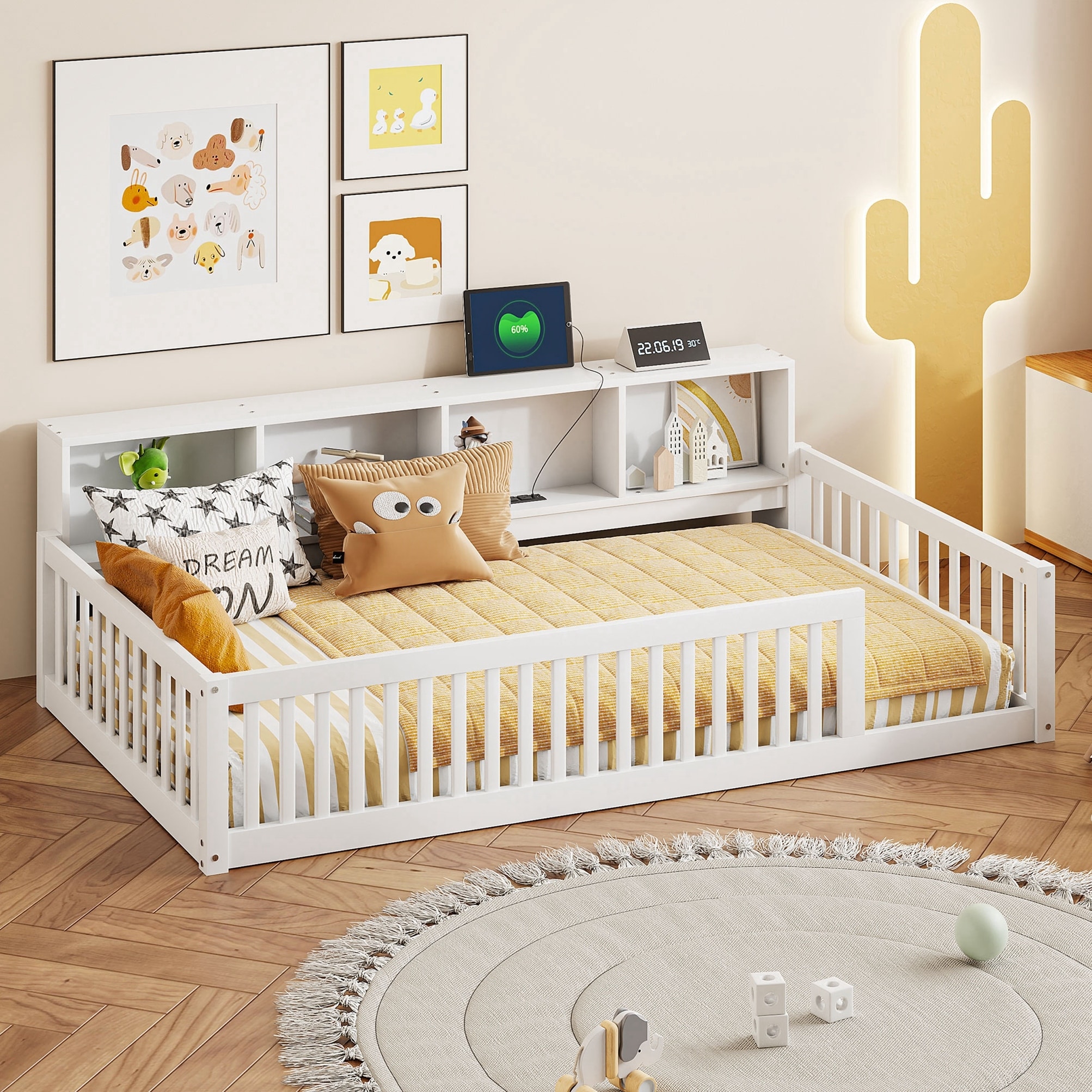 Wood Twin XL Size Floor Bed with Storage and USB Ports