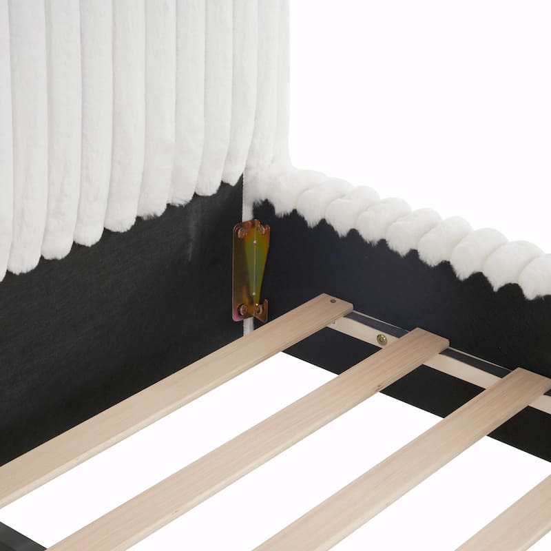 Sleek White Bouclé Upholstered Bed with Wavy Headboard & Vertical Stitching