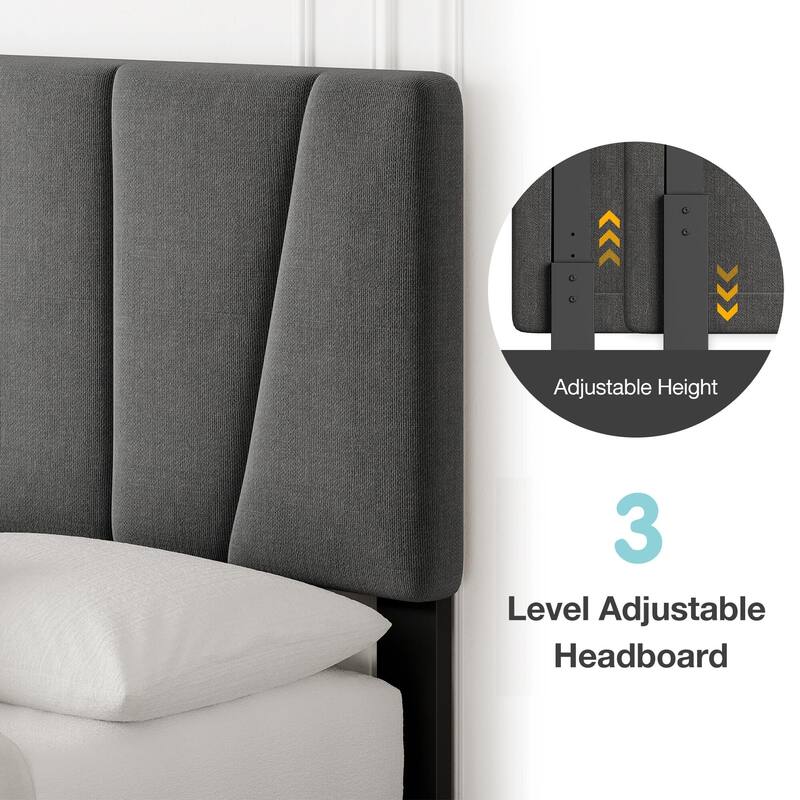 Linen Upholstered Platform Bed Frame with Strong Wooden Slats