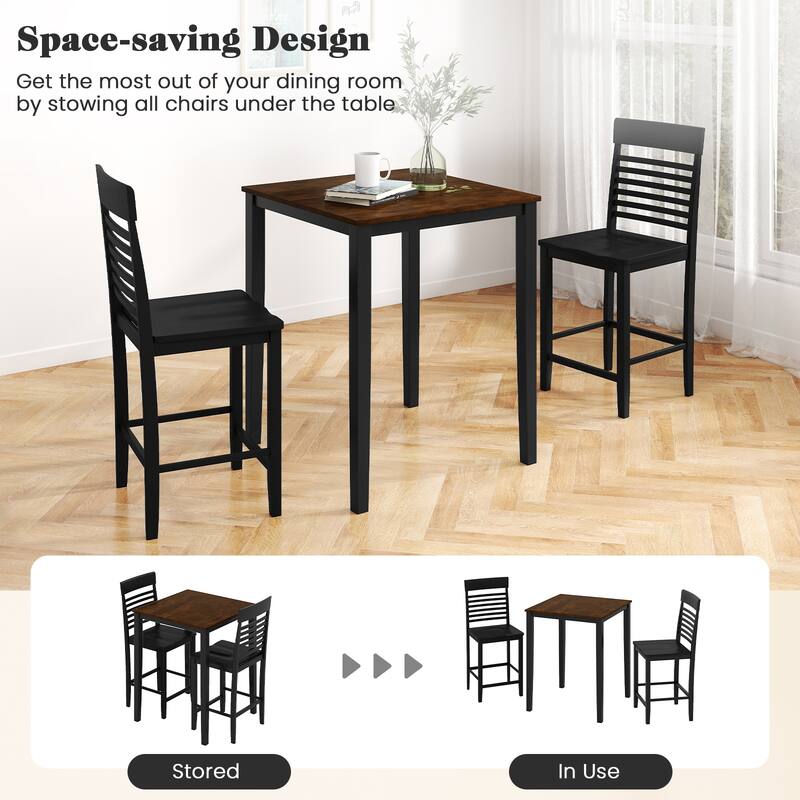 Gymax 3 PCS Counter-Height Dining Table Set for 2 Square Kitchen Table