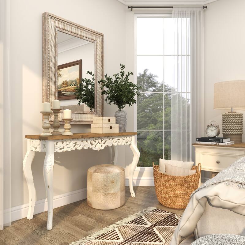 White Wood Intricately Carved Scroll Console Table with Brown Wood Top