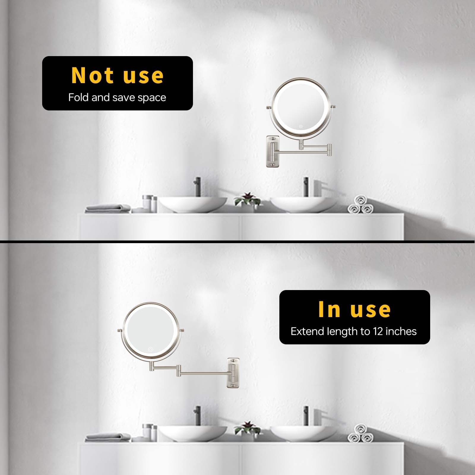 Rechargeable Wall Mounted Makeup Mirror Touch Screen 360 Swivel