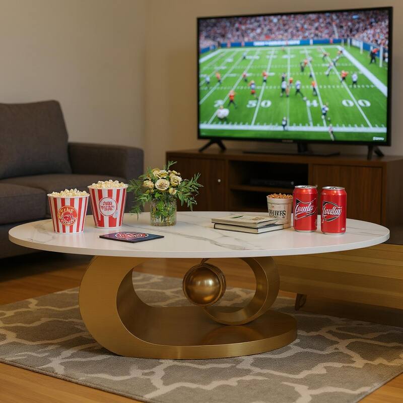 Homy Casa Luxury Oval Coffee Table, High-Gloss Faux Marble Top, Electroplated Brushed Stainless-Steel Sculptural Christmas Gift