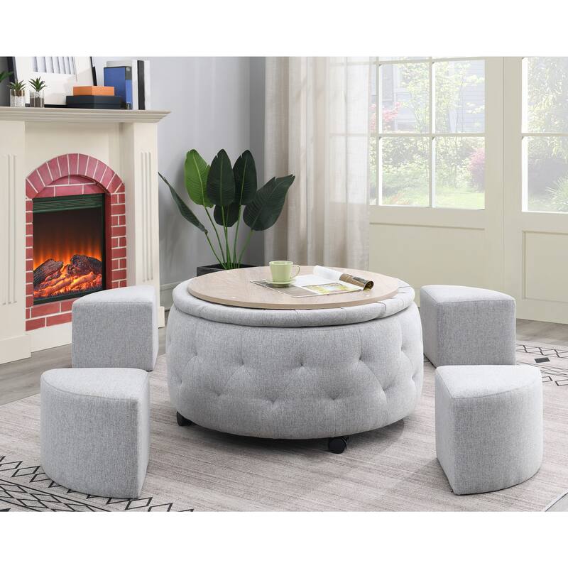 Indoor Grey Round Storage Ottoman Cocktail Set - Light Grey