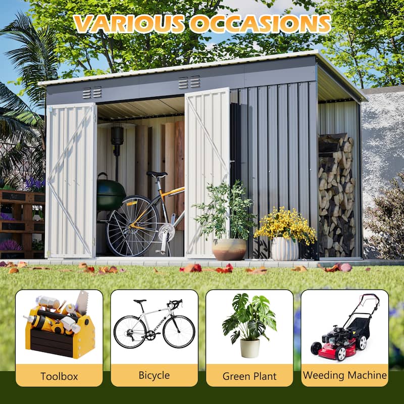 10'x4' Outdoor Steel Storage Shed with Lockable Door and Floor Frame, Metal Tool Shed Grey