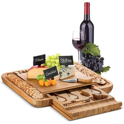 Bamboo Cheese Board & Cutlery Set with 4 Knives in Slide-out Drawer - 13.5"