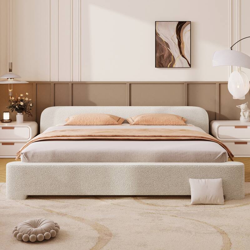 Bouce Upholstered Grounded Bed Platform Bed with Low Profile Headboard - White - King