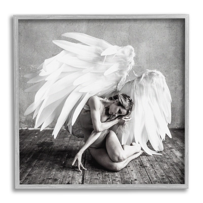 Stupell Magical White Angel Wings Woman Monochrome Photography Framed Wall Art - Grey - 12 x 12 - Grey