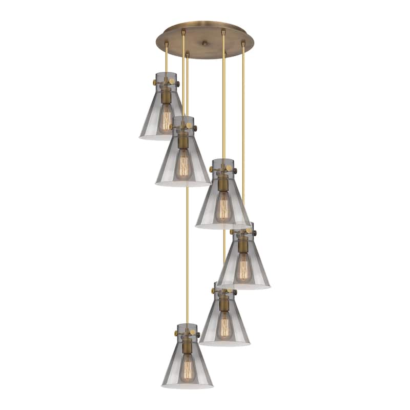 Innovations Lighting Newton Cone - 6 Light 8" Cord Hung Multi Pendant - 14" Canopy - Brushed Brass/Light Smoke