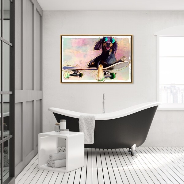 Oliver Gal 'Skater Pup' Animals Black Wall Art Canvas Print - Bed