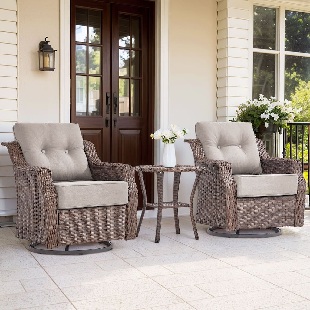 3 Pieces Swivel Chairs with Side Table - Beige Cushion - Brown