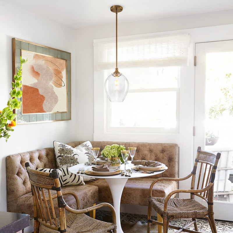 Modern Matte Brass Pendant Light Teardrop Ribbed Clear Glass Shade - Dia.9.06-in