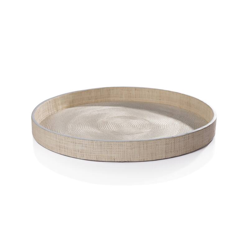 Reggio Naturale Fiber Raffia Round Serving Tray with Leather Trim