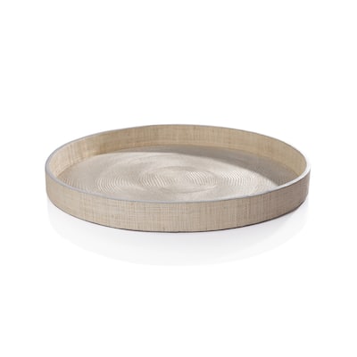 Reggio Naturale Fiber Raffia Round Serving Tray with Leather Trim