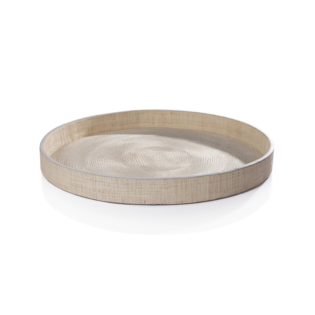 Reggio Naturale Fiber Raffia Round Serving Tray with Leather Trim