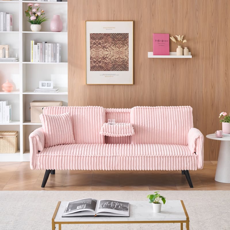 Corduroy Loveseat Sofa with 2 Cup Holder Lounge Couch, Adjustable Backrest Sleeper Sofa Bed for Living Room Recliner Sofa