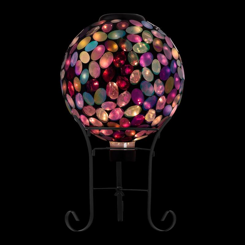 Alpine Corporation Outdoor Solar Powered Pink Glass Mosaic Gazing Globe with LED Lights and Metal Stand, Violet