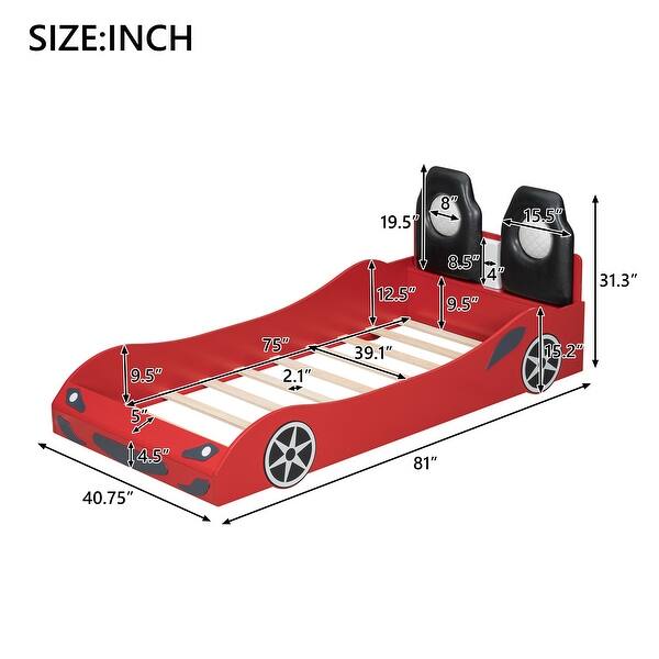 dimension image slide 2 of 3, Wood Twin Size Race Car-Shaped Kids Platform Bed with LED and Upholstered Backrest, Bedroom Floor Bed Wood Frame for Kids Teens