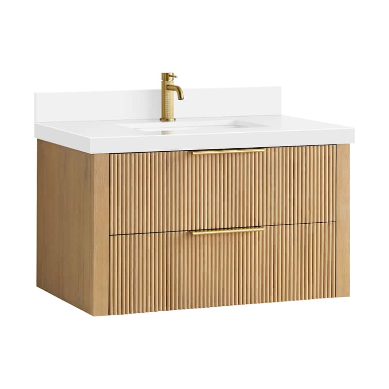 Barcelona Floating Bath Vanity with Quartz Stone Top without Mirror - 36" - Washed Ash Grey