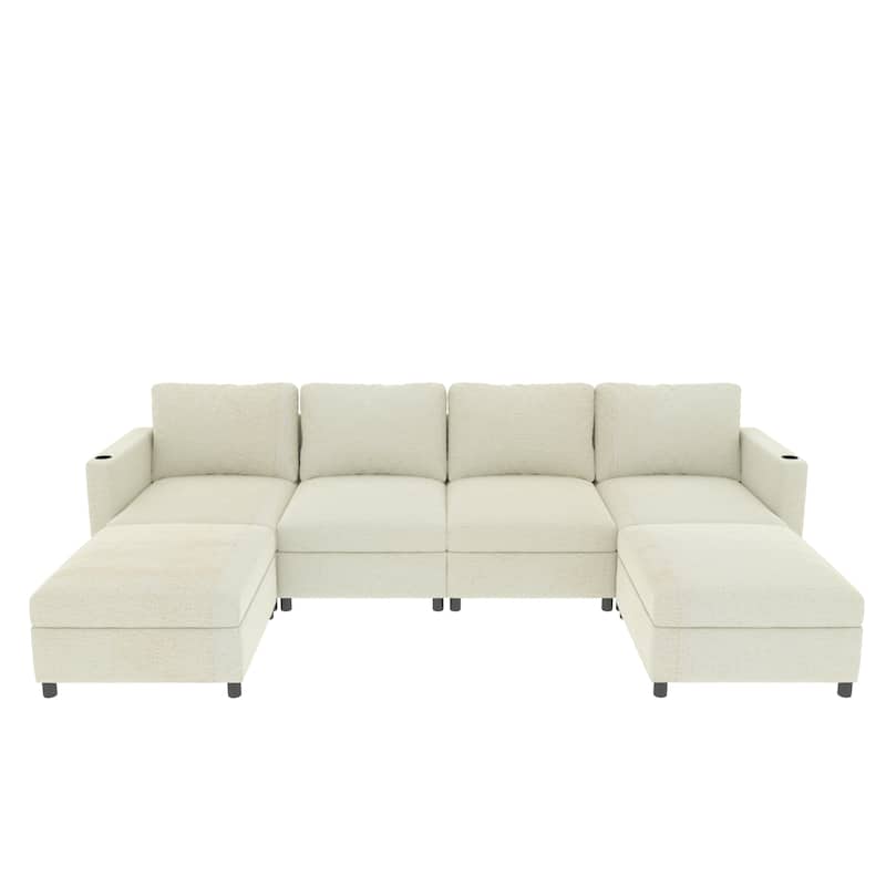 123'' U-Shape Modular 4 Seater Sectional Sofa with Storage, Movable Ottomans and Sofa Bed Feature for Living Room