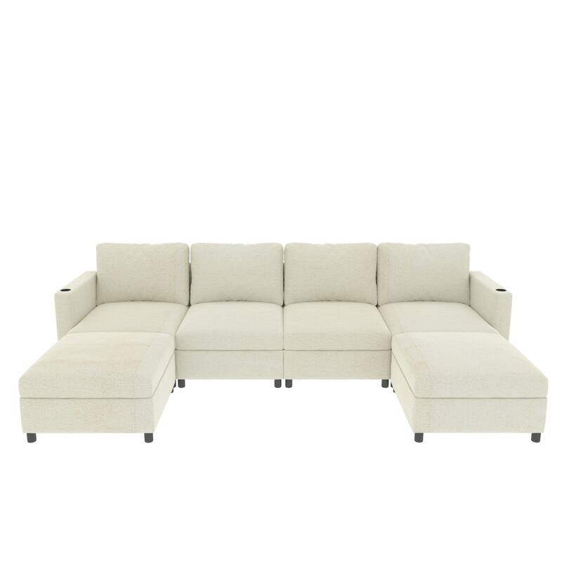 123.6" Chenille U-Shaped Sectional Sofa with Storage and Ottoman, 6-Seater