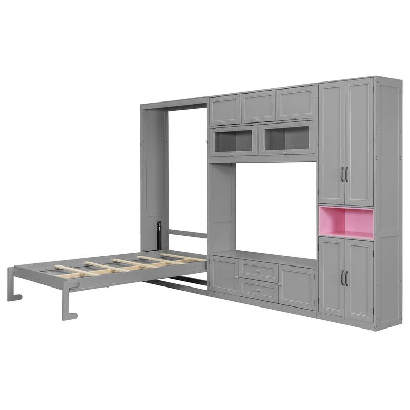Space-Saving Twin Murphy Bed with TV Stand, Storage Drawers & Shelves in Gray