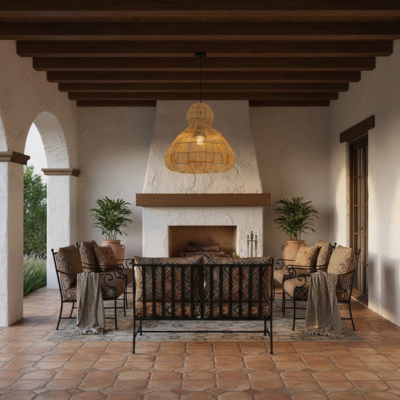 Ciel 1-Light Wicker Outdoor Pendant Light, Coastal Boho Style Scalloped- Handwoven