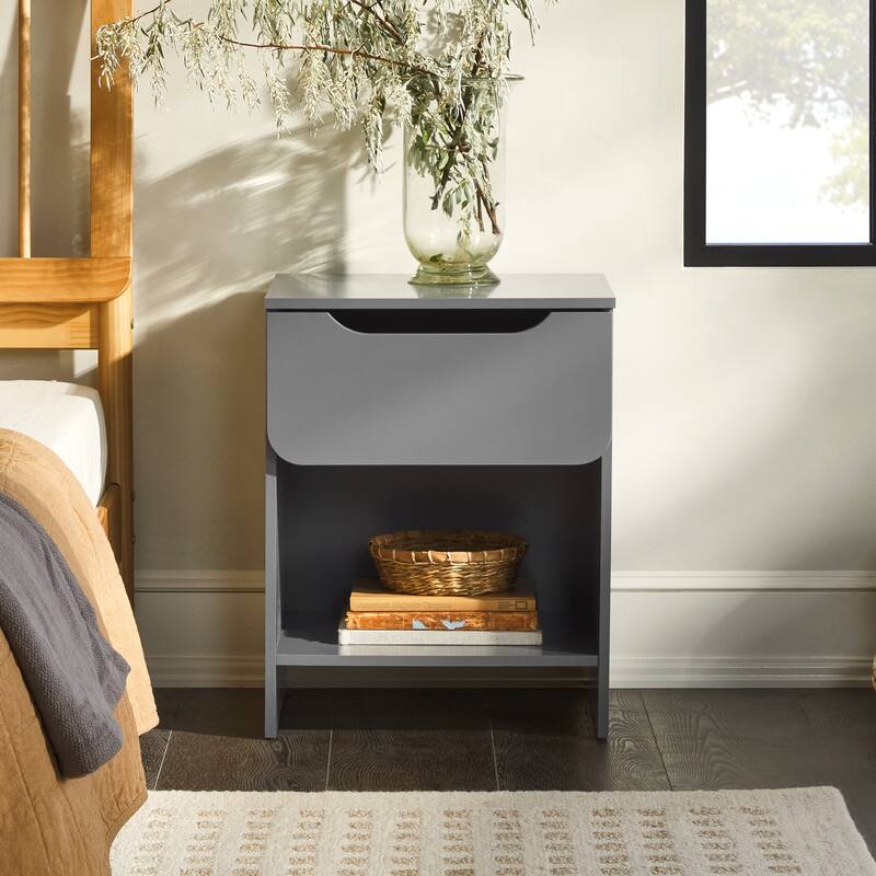 Modern Minimalist Dark Grey Nightstand with Single Drawer and Open Cubby
