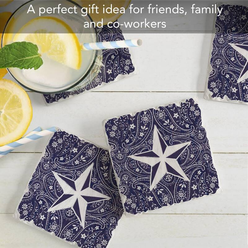 Blue Bandana Star 4-Pack Tumbled Tile Stone Coasters with Protective Cork Backing Manufactured in The USA