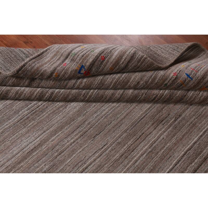 Striped Brown Gabbeh Indian Area Rug Hand-Knotted Wool Carpet - 8'1" x 9'8"