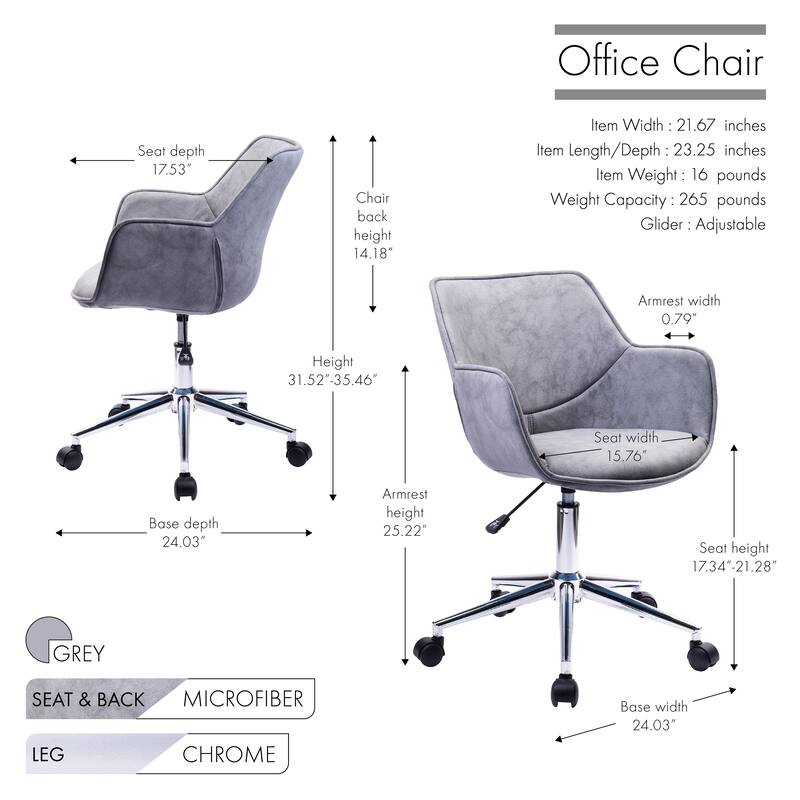 Porthos Home Xen Adjustable Office Chair, Microfiber, Chrome Base