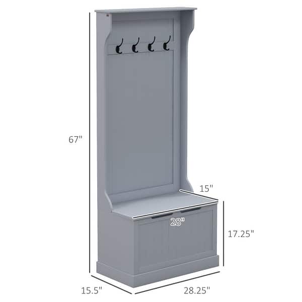 dimension image slide 1 of 4, HOMCOM 28" 3-In-1 Entryway Hall Tree with Storage Bench, Coat Rack with Four Hooks and Shoe Storage, Gray