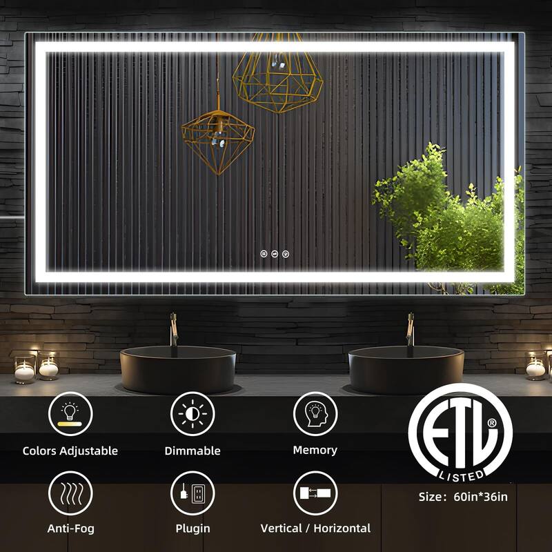 LED Bathroom Mirrorwith Front and Backlight, Stepless Dimmable Wall Mirrors with Anti-Fog