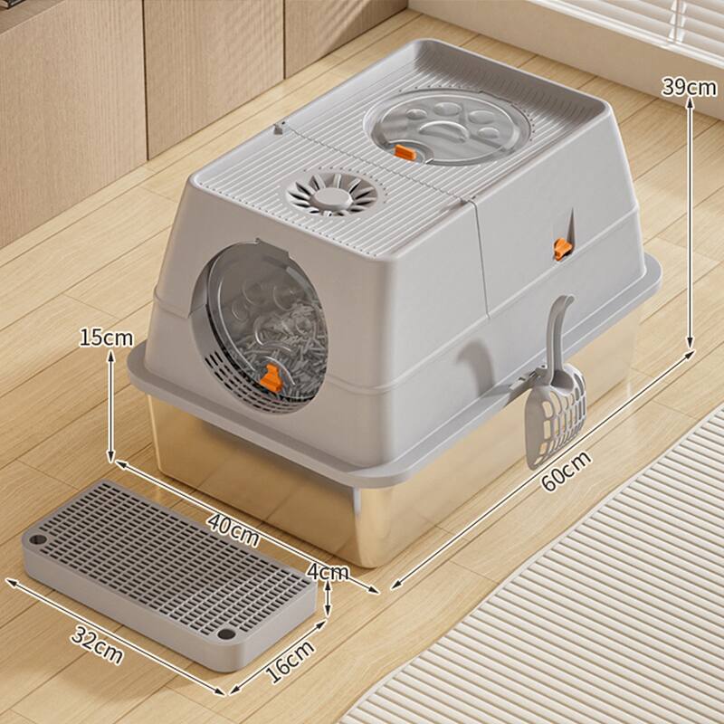 Large Stainless Steel Enclosed Cat Litter Box with Lid, Metal Kitty Litter Box with Flip Cover, Removable Top and Litter Scooper