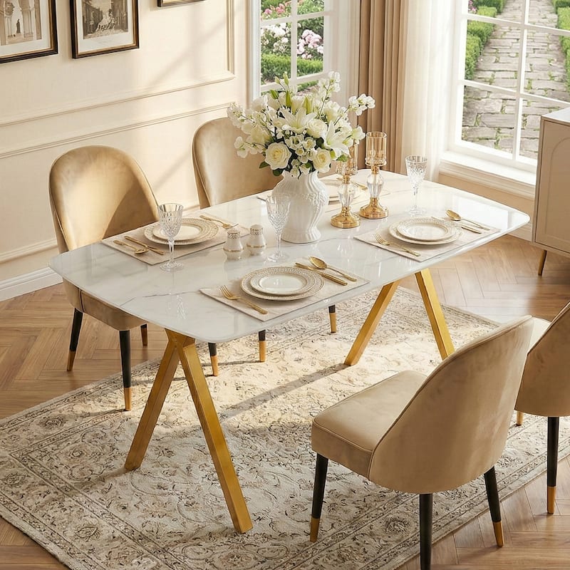 Rectangular dining table featuring a tempered glass tabletop with a marble-patterned design for restaurant dining settings