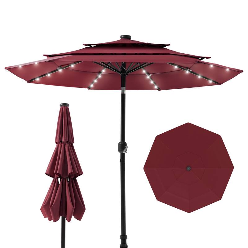 COSIEST Outdoor 9ft 3 Tiers Market Patio Umbrella with Solar LED lights - Burgundy