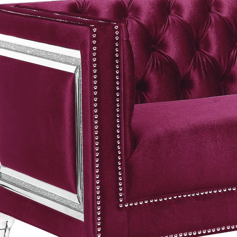 HomeRoots 67" Burgundy And Silver Velvet Loveseat and Toss Pillows