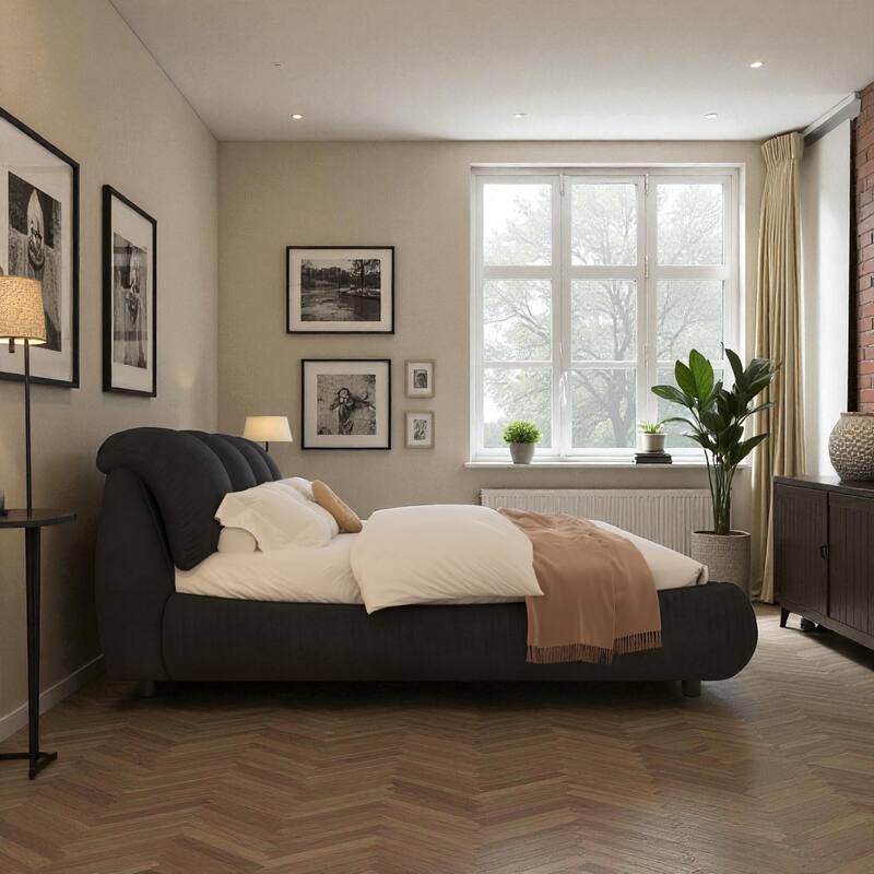 Queen/King Size Luxury Upholstered Platform Bed with Oversized Padded Headboard, Solid Wood Frame & Adjustable Mattress Height